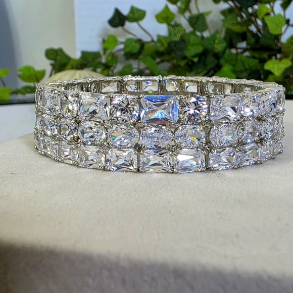 Quality Triple Row Cubic Zirconia Crystal Statement Bangle Bracelet - Picture 5 of 13
